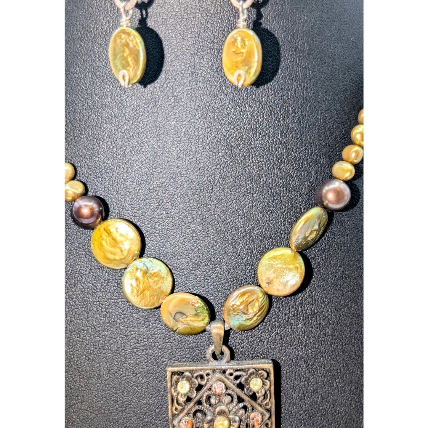 Genuine Green Coin Pearl Antiqued Filigree Square Pendant Necklace & Earring Set
