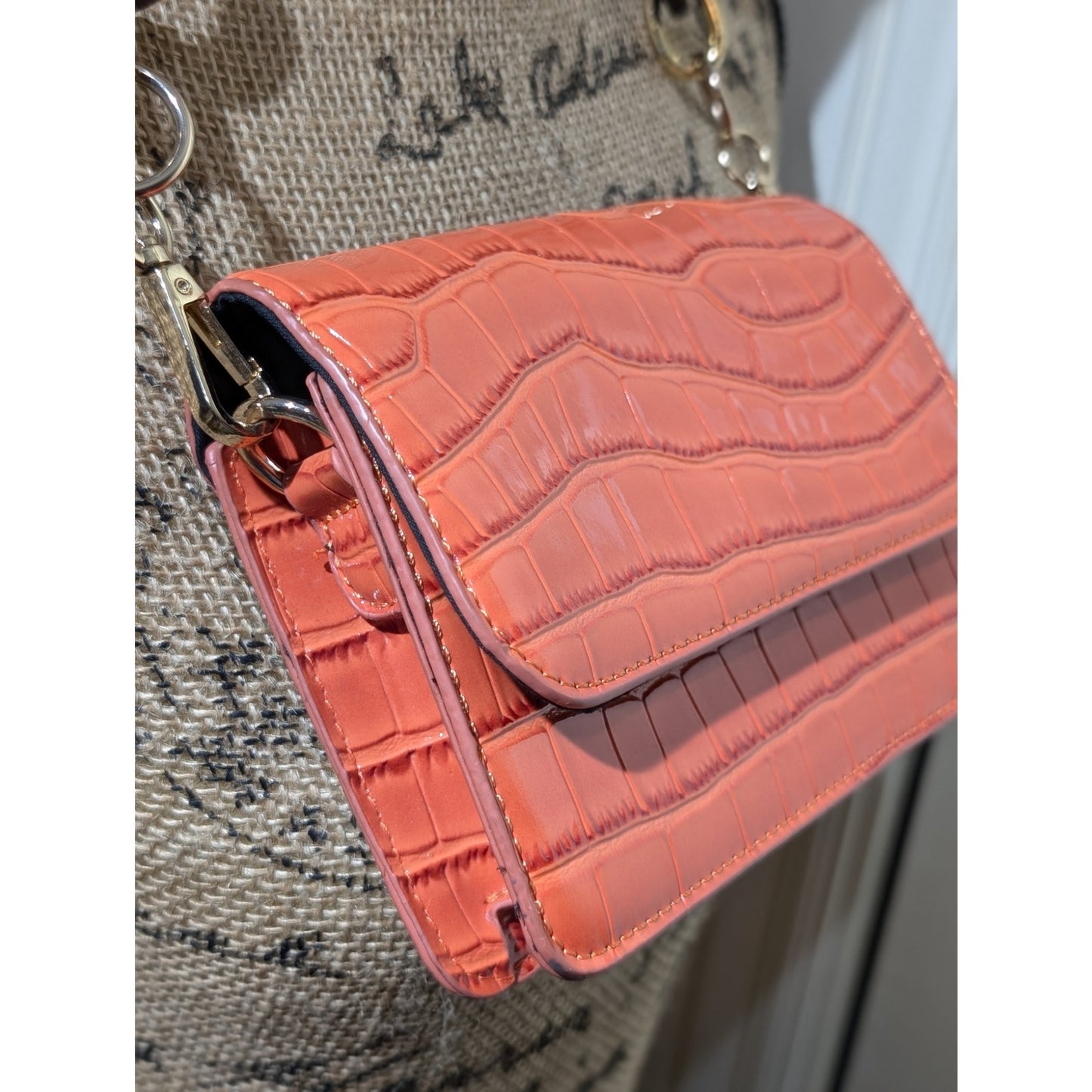ASOS Pumpkin Faux Croc Tortoise Ring Chain Link Strap Shoulder Bag