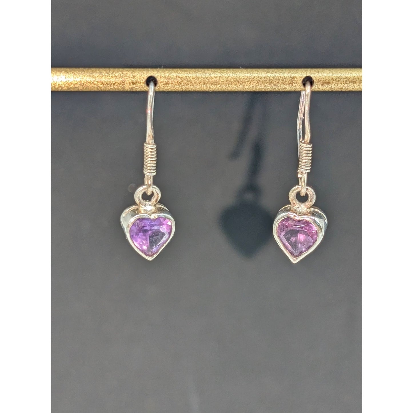 Vintage 925 Sterling Silver Amethyst Heart Dangle Wire Earrings