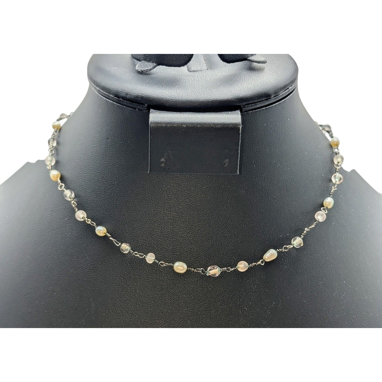 Vintage Silver Tone Glass Pearl Rosary Style Toggle Clasp Choker 16" Necklace