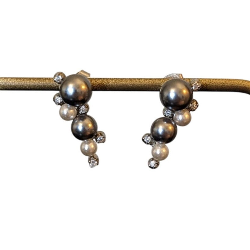 925 Sterling Silver Faux Silver & White Pearl CZ Cascade Post Earrings