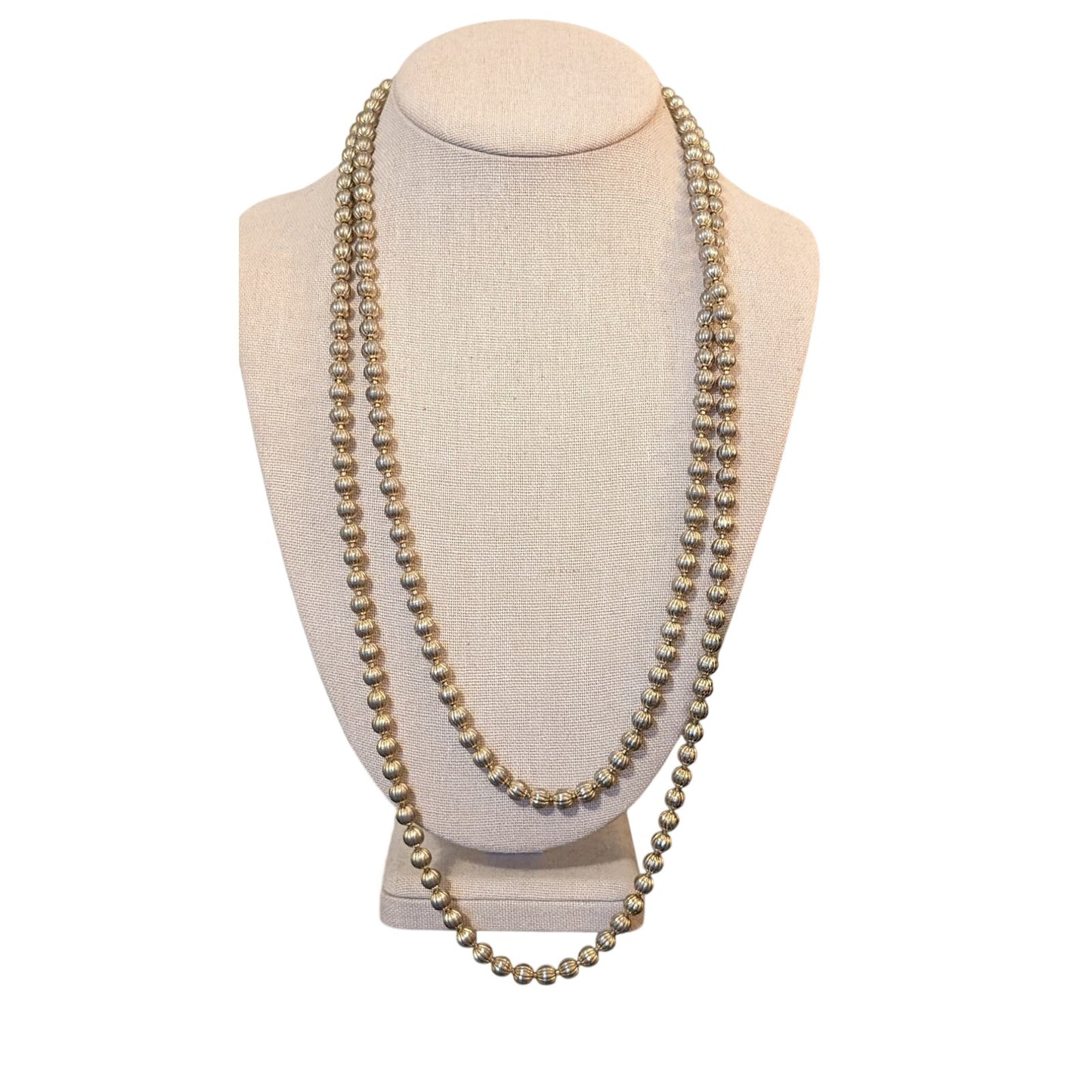 Vintage Monet Light Gold Tone Textured Round Bead Necklace 54"
