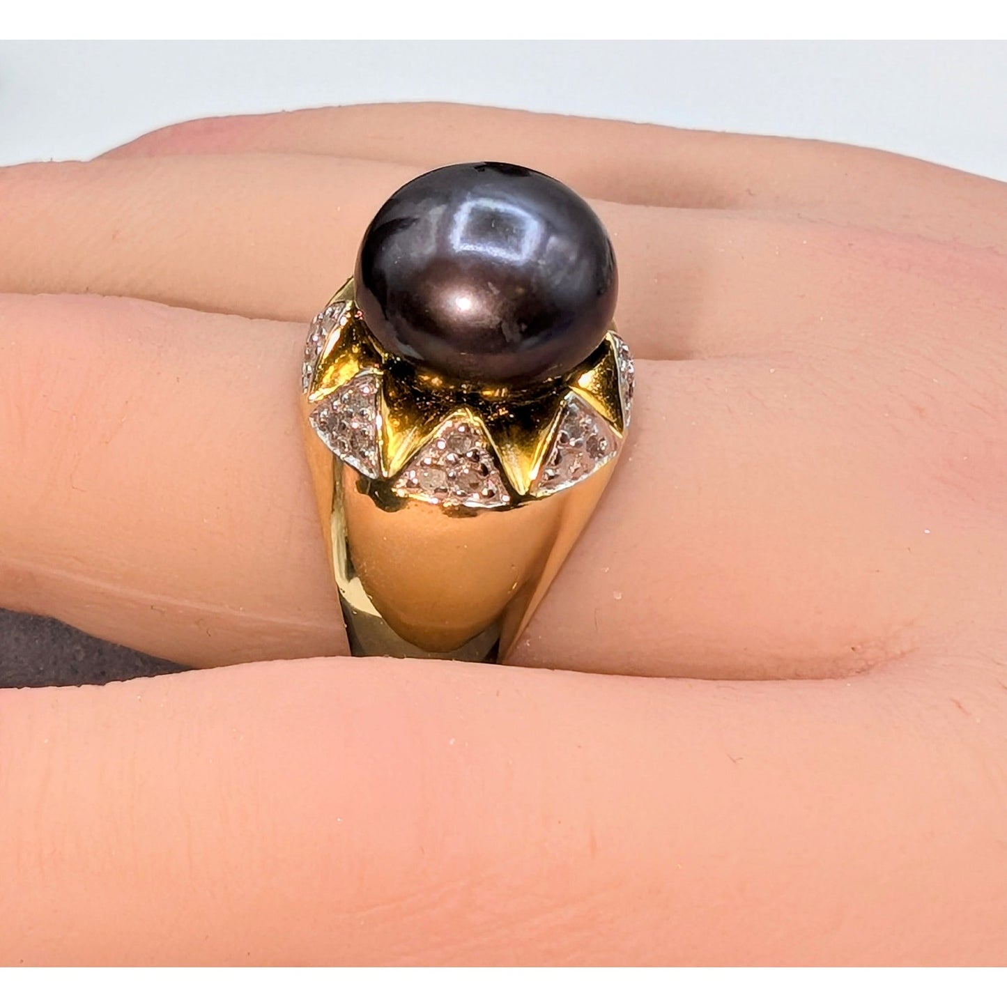 925 Sterling Gold Vermeil Purple Pearl & Diamond Accent Statement Ring Size 6.75