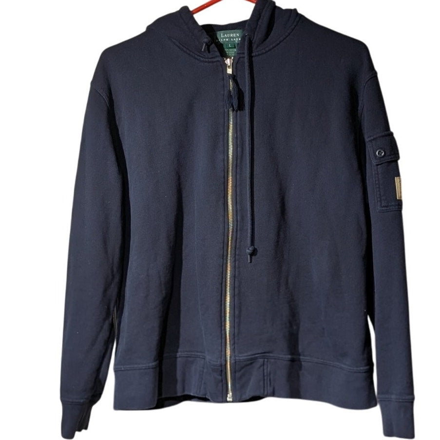 Vintage Lauren Ralph Lauren Navy Full Zip 100% Cotton Hoodie Women's Size L