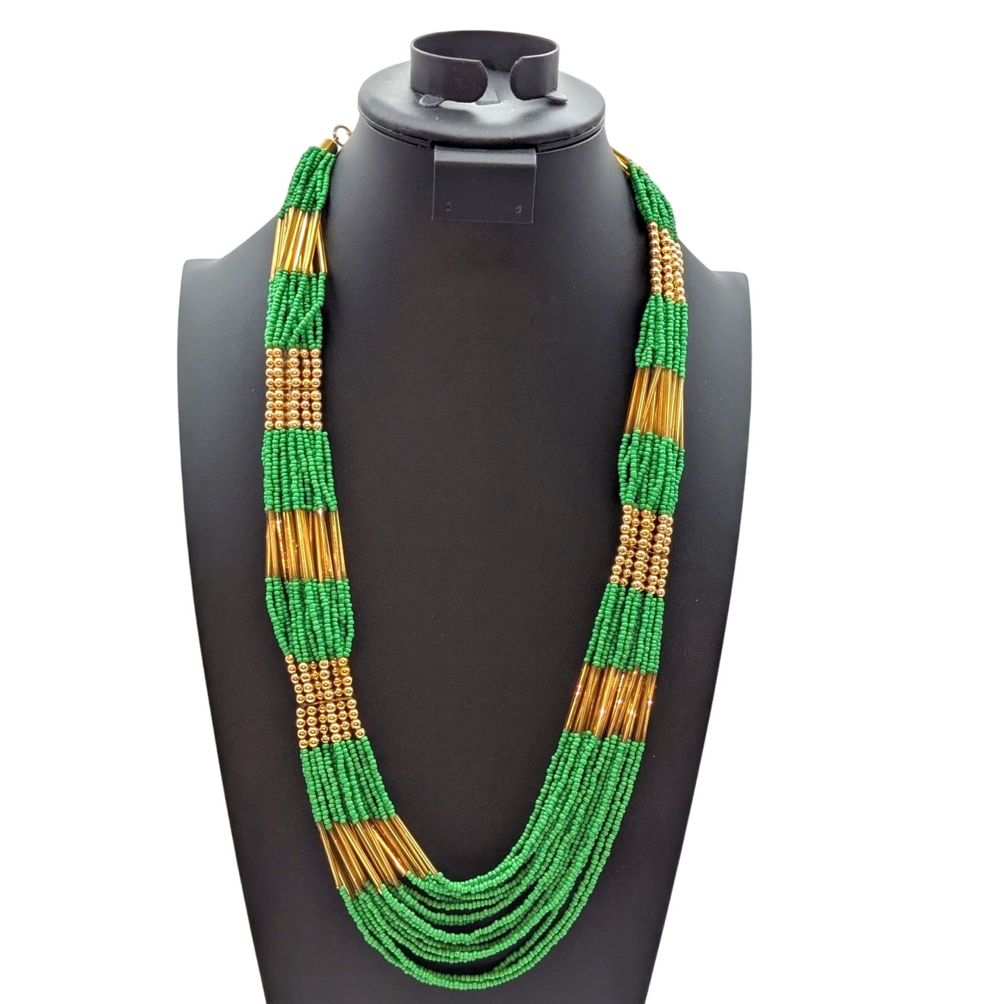 GCM India Green Seed Bead & Gold Tone Ball & Rod Multi-Strand 27"-29" Necklace