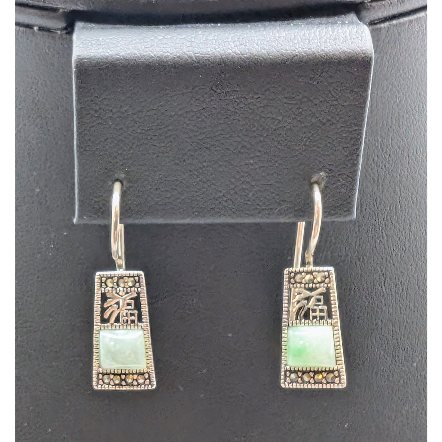 925 Sterling Green Jade-Marcasite Drop Earrings W/ Chinese Happiness Symbol Set