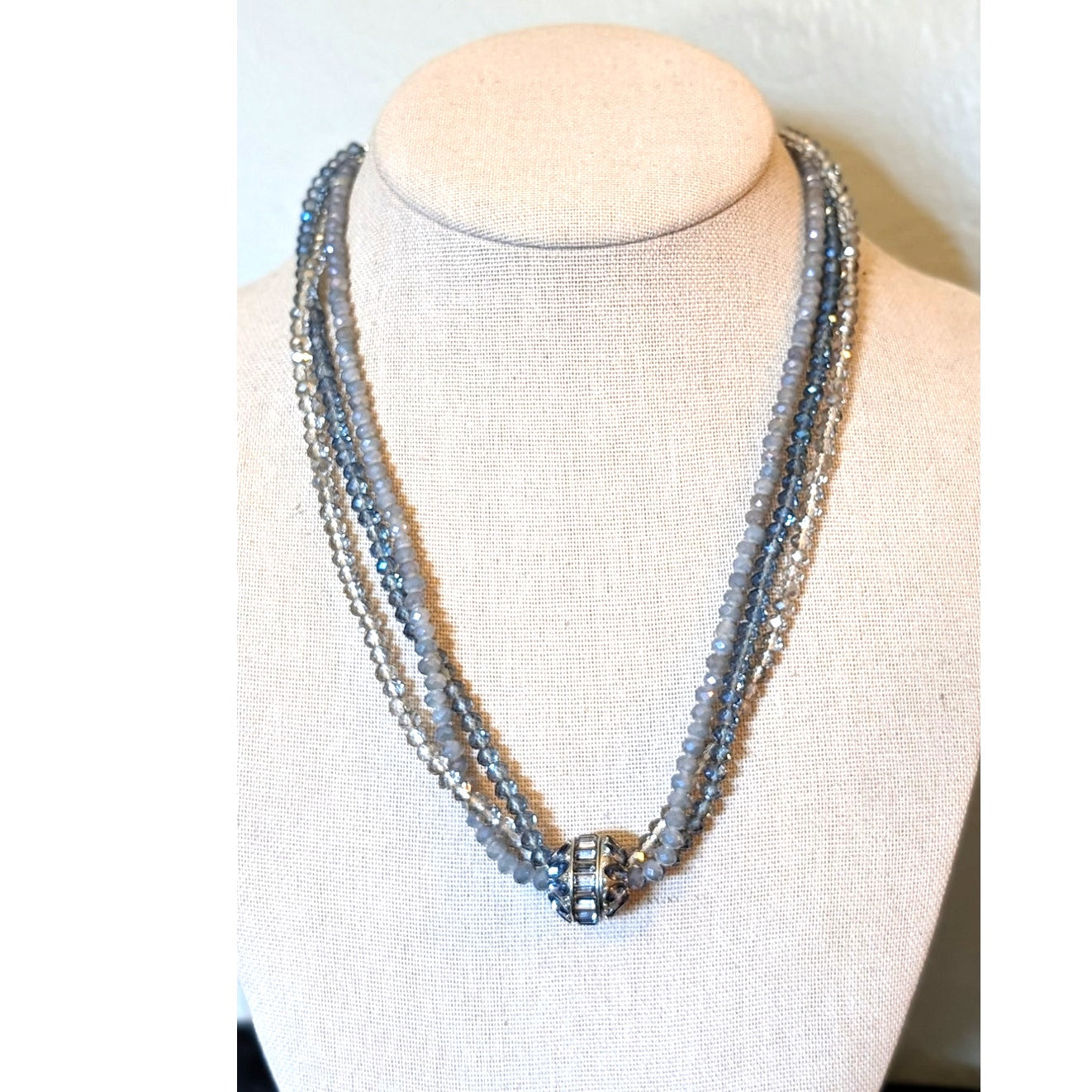 Vera Wang Three Strand Smoky Gray Blue Crystal And Crystal Ball Necklace