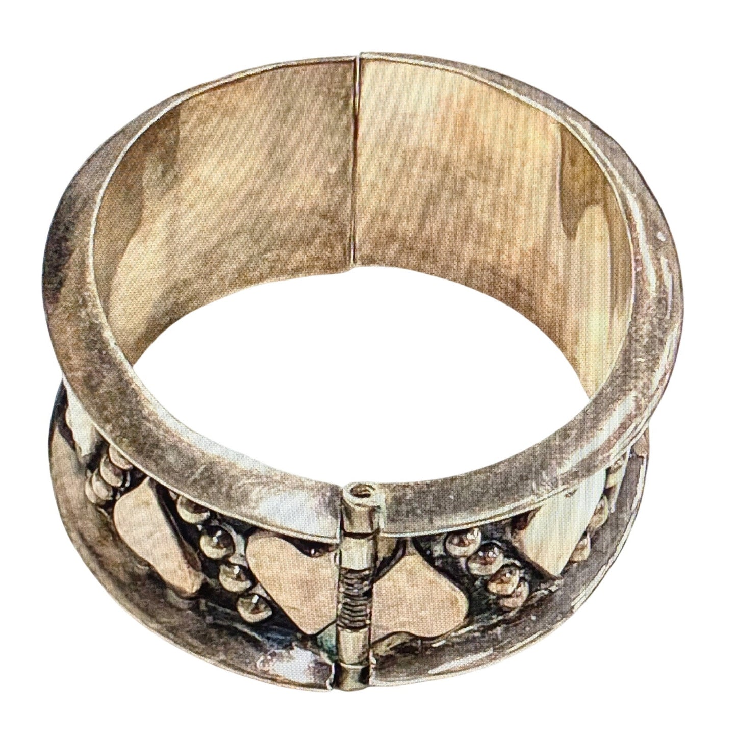 Taxco 925 Sterling Silver Mexico Wide Heart Hinge Bangle Bracelet Size 7.5"57.8g