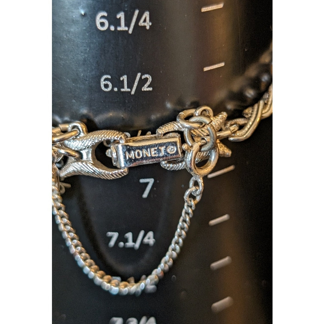 Vintage Monet Silver Plated Textured Link Safety Clasp Charm Bracelet