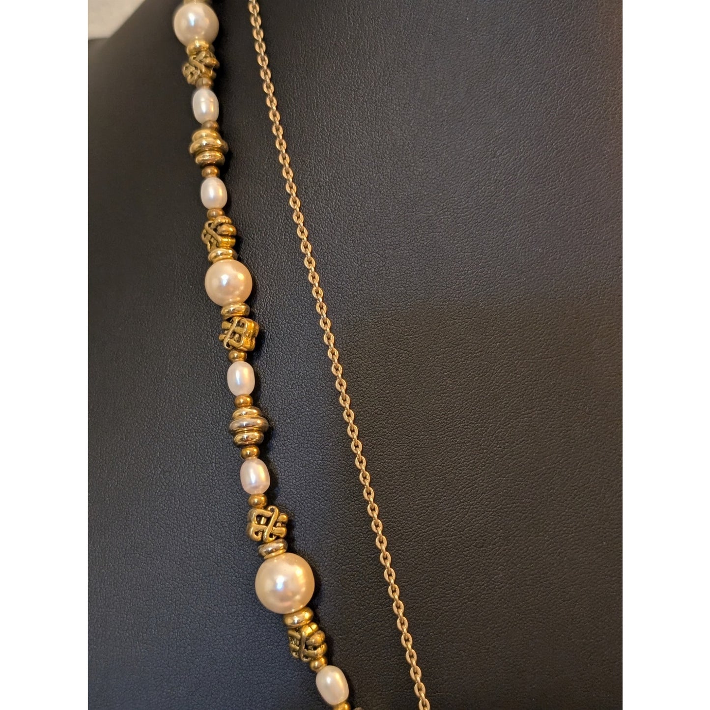 Lot of Two Gold Tone Necklaces Faux Pearl Gold Bead & Sarah Cov Opalite Pendant