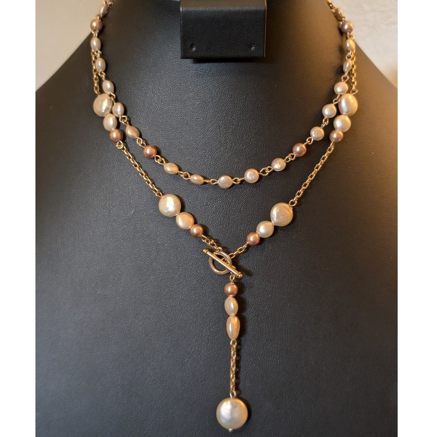 Vintage Anne Klein Double Strand Champagne Penny Coin Pearl Dangle Necklace