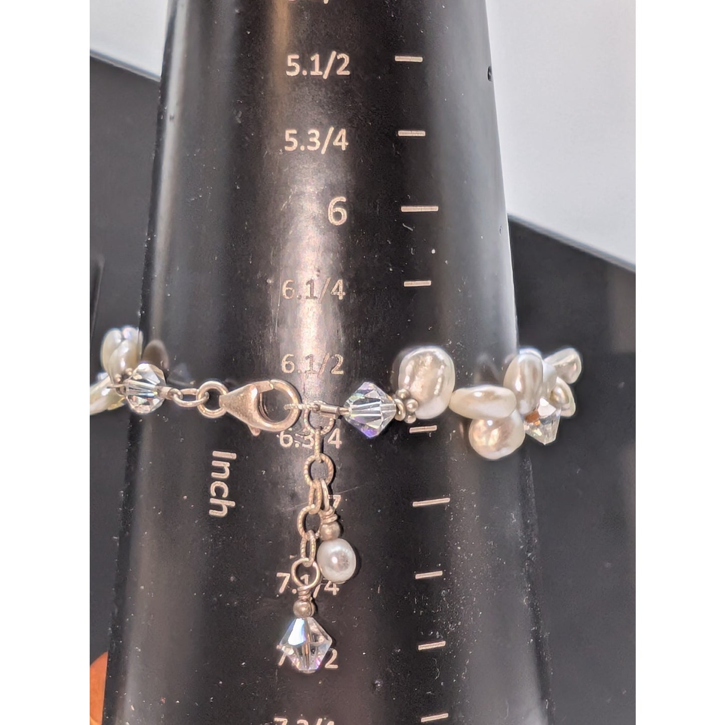 925 Sterling Silver Genuine Pearl Austrian AB Crystal W/ Dangles Bracelet