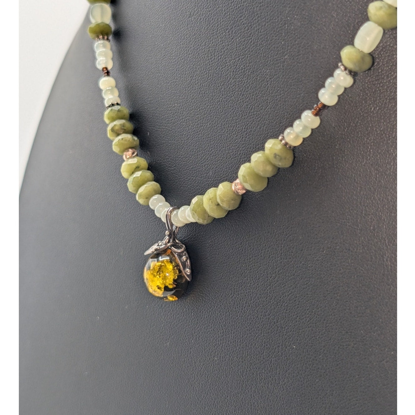 925 Sterling Silver Green Gemstone Bead Green Amber Pendant Necklace