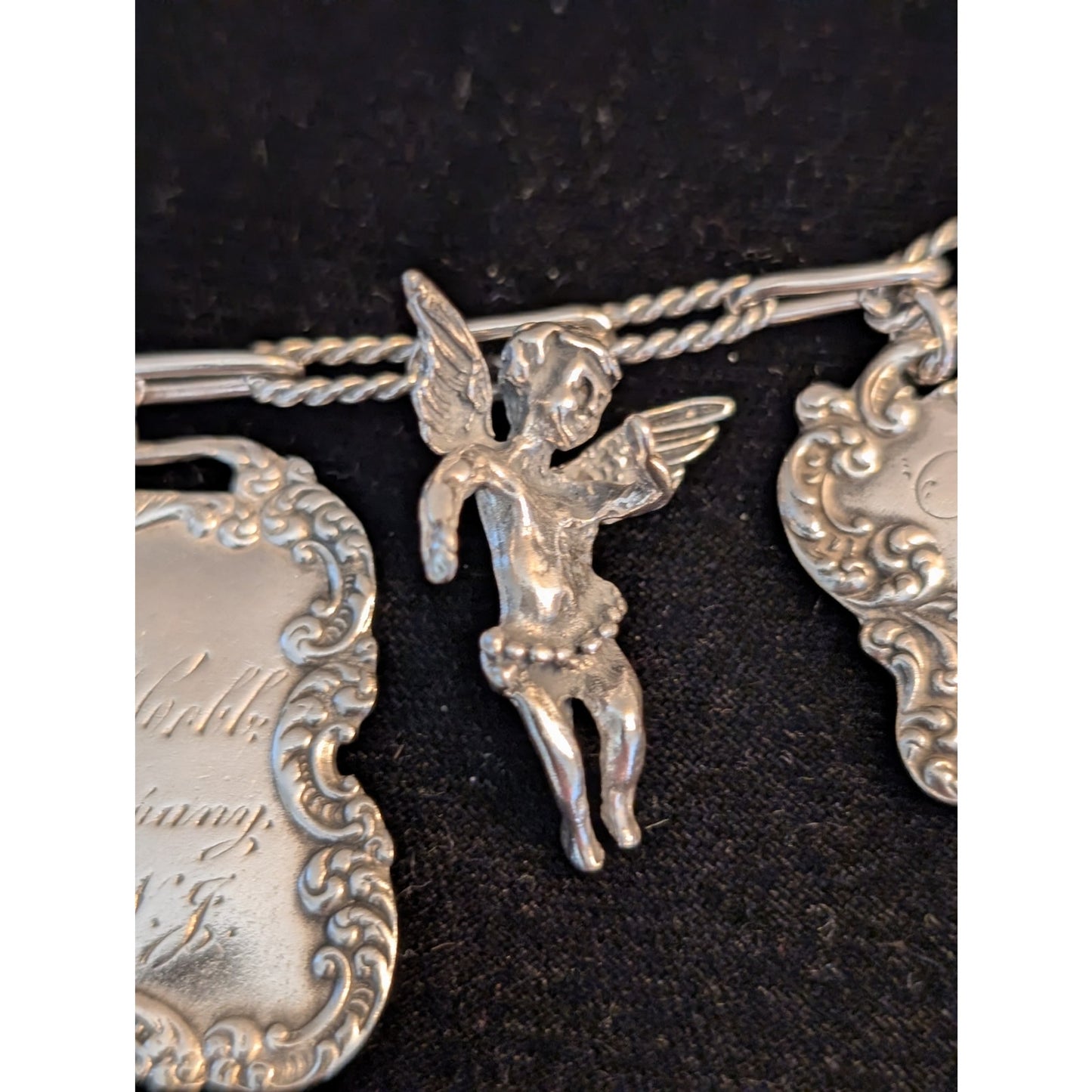 VTG T Foree Hunsicker Sterling Silver Engraved Luggage Tag Cherub Charm Bracelet