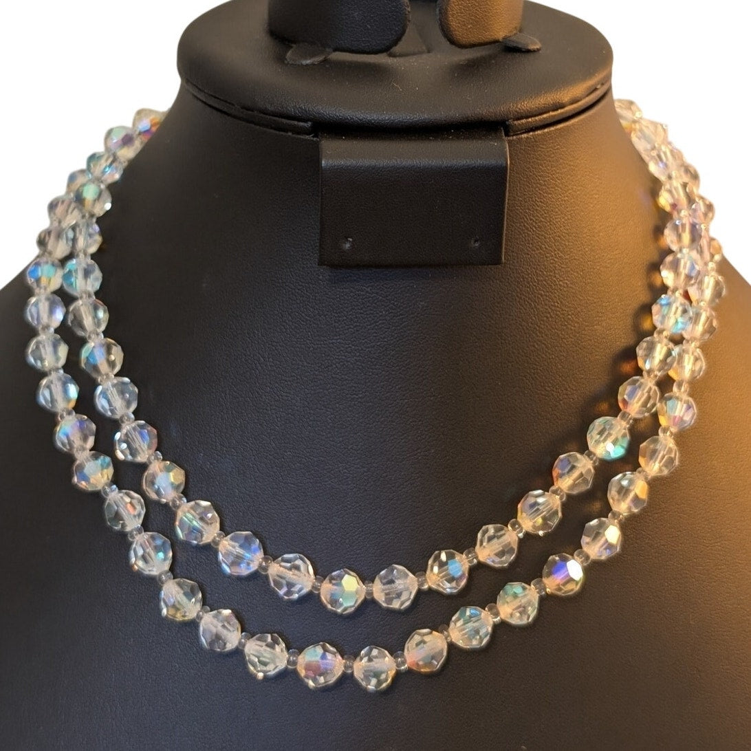 Vintage 1950s Double Strand Faceted Austrian AB Crystal Fancy Clasp Necklace
