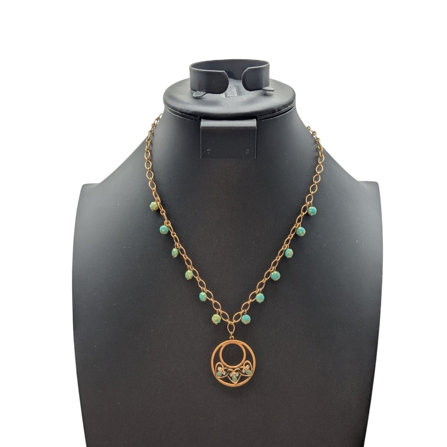 Premier Designs Gold Tone Never Ending Green Enamel & Crystal Pendant Necklace