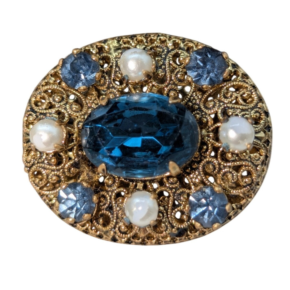 Vintage Ornate Filigree Blue Glass Stone Rhinestone Faux Pearl Gold Tone Brooch
