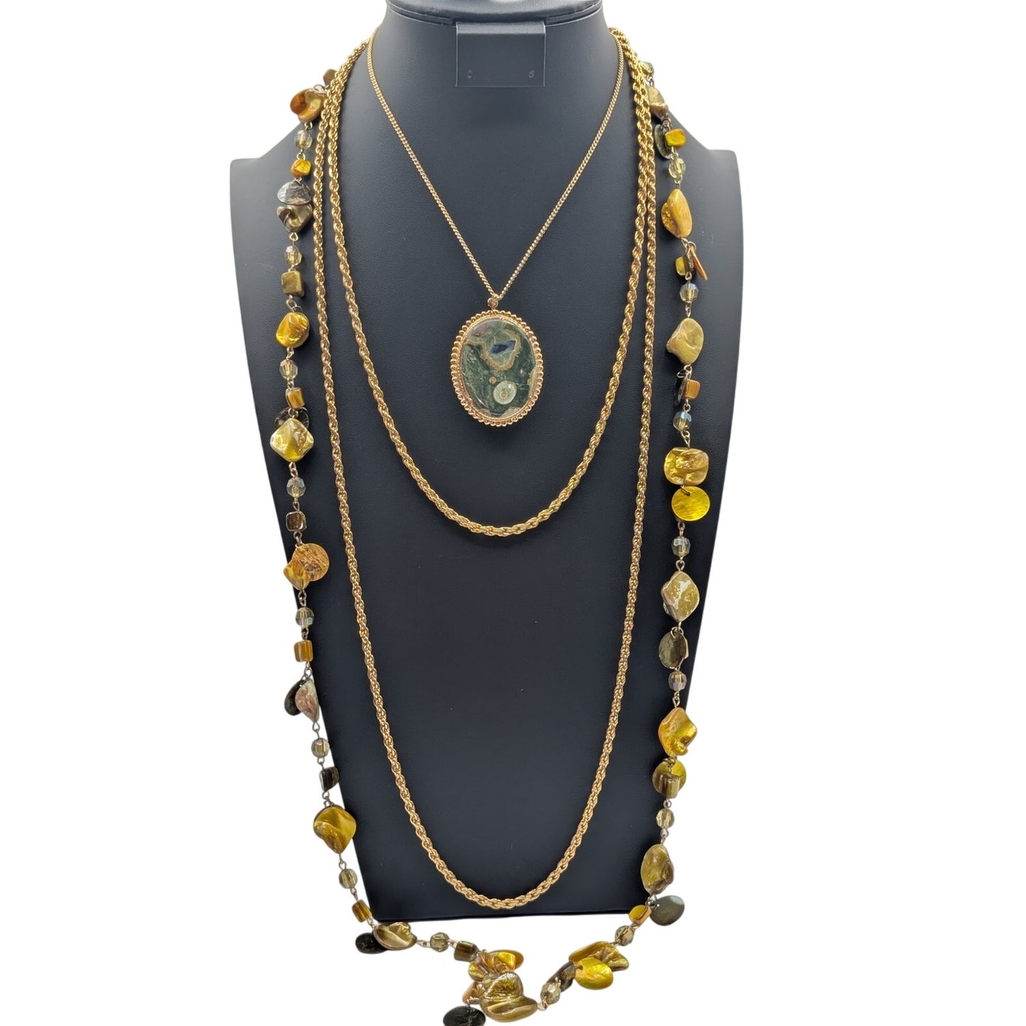 Lot of Four Gold Tone Green Yellow Necklaces