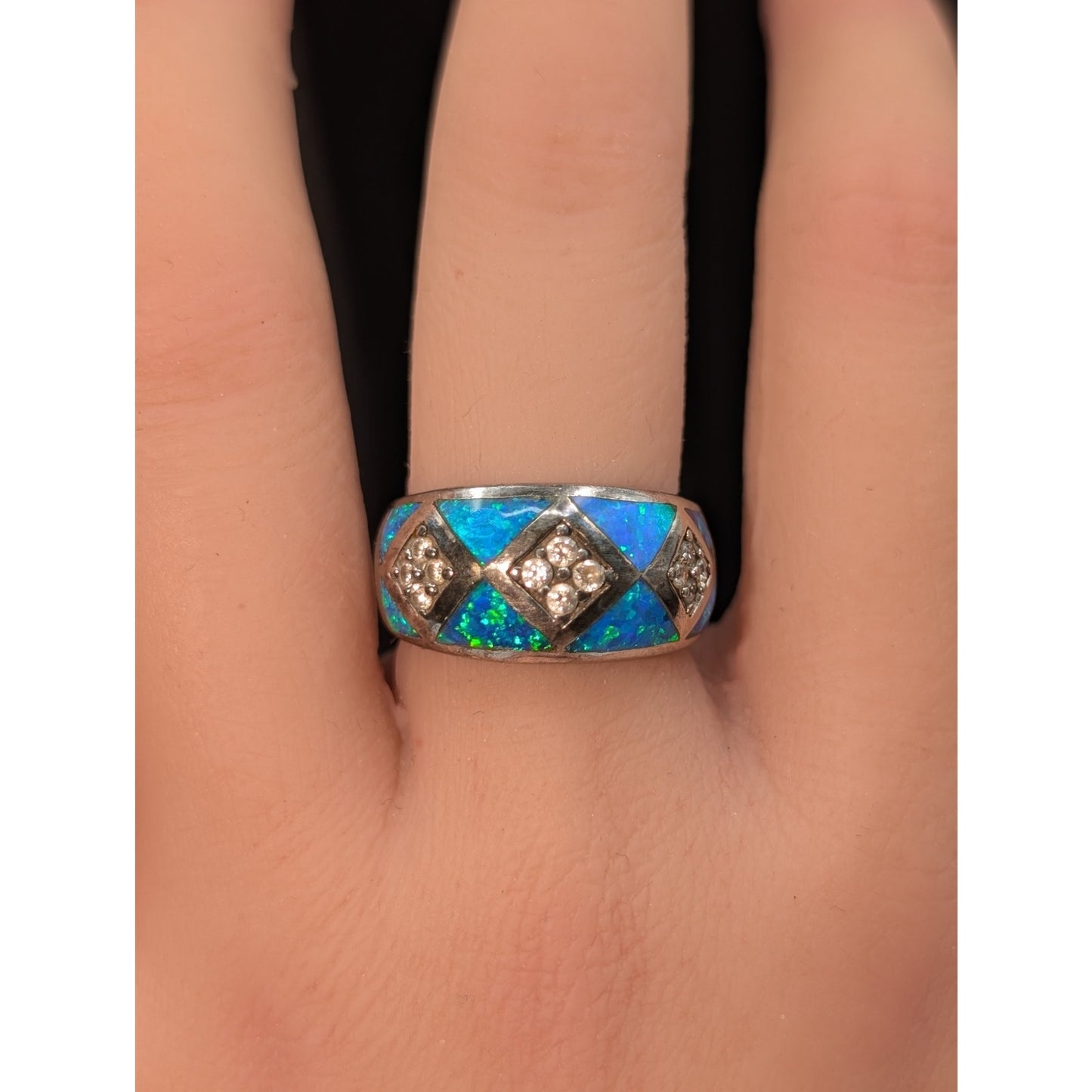 Vintage 925 Sterling Silver Opal CZ Band Ring Size 6