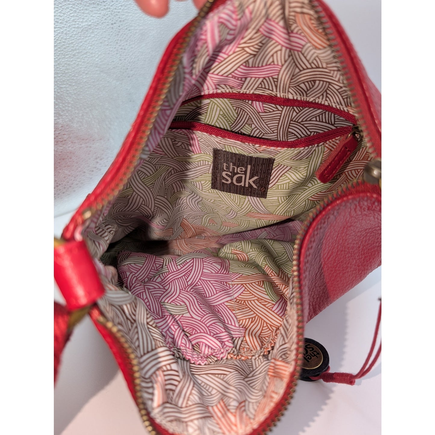 The Sak Red Pebbled Leather Canvas Adjustable Strap Crossbody Purse