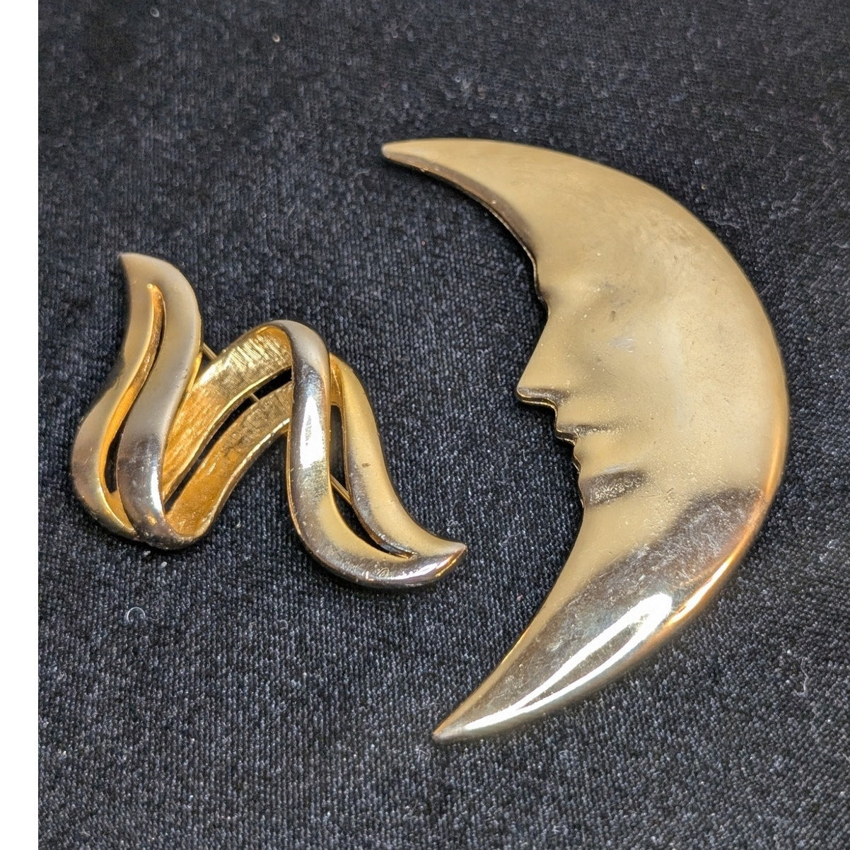 Vintage 80's Large Crescent Moon W/ Face & Squiggly M. Jent Gold Tone Brooches