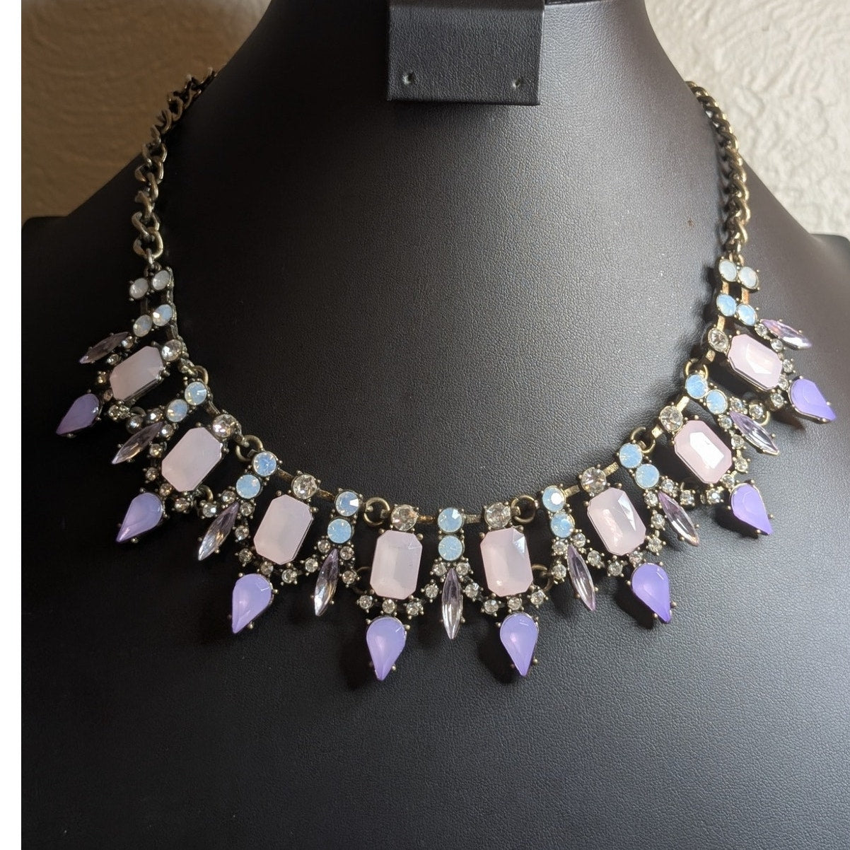 Purple Pink Rhinestone Bronze Metal Statement Necklace