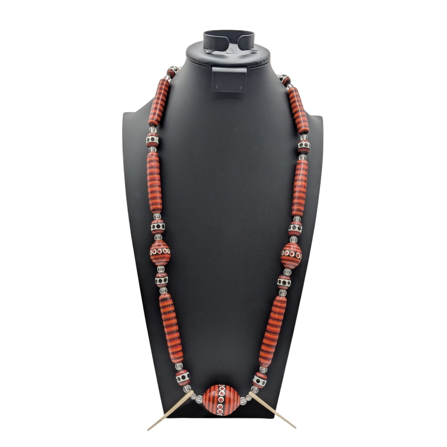 Tribal Painted Wood Bead Over the Head 34" Necklace