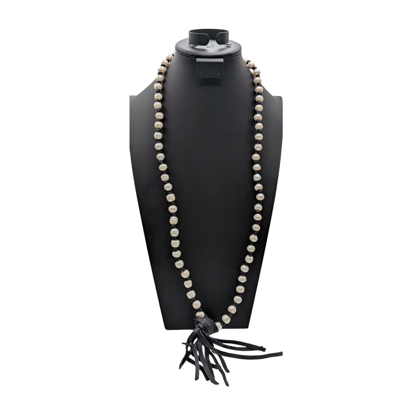 Boho Freshwater Pearl Leather Knotted Black Leather Tassel 36" Necklace