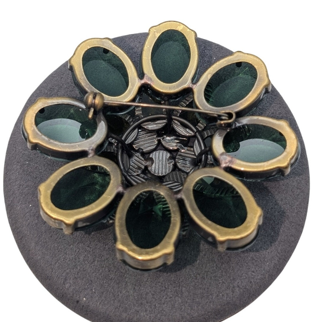 Vintage Green Flower Rhinestone Domed Bronze Metal Brooch
