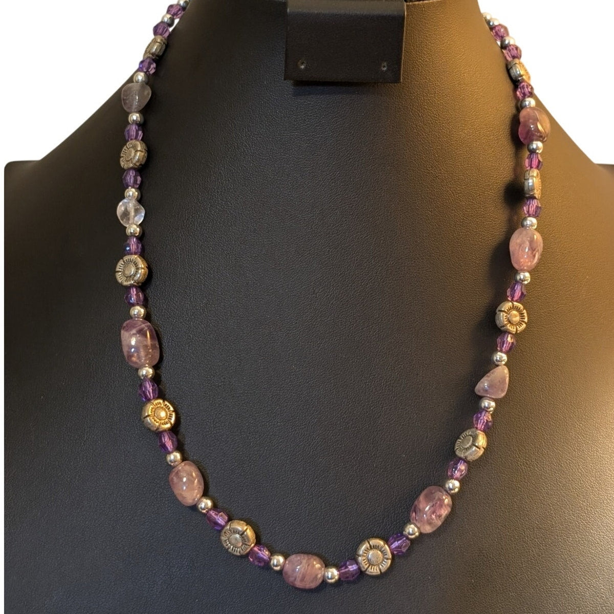 Amethyst Stone Purple Glass & Silver Tone Flower Bead 19.5"-22" Necklace