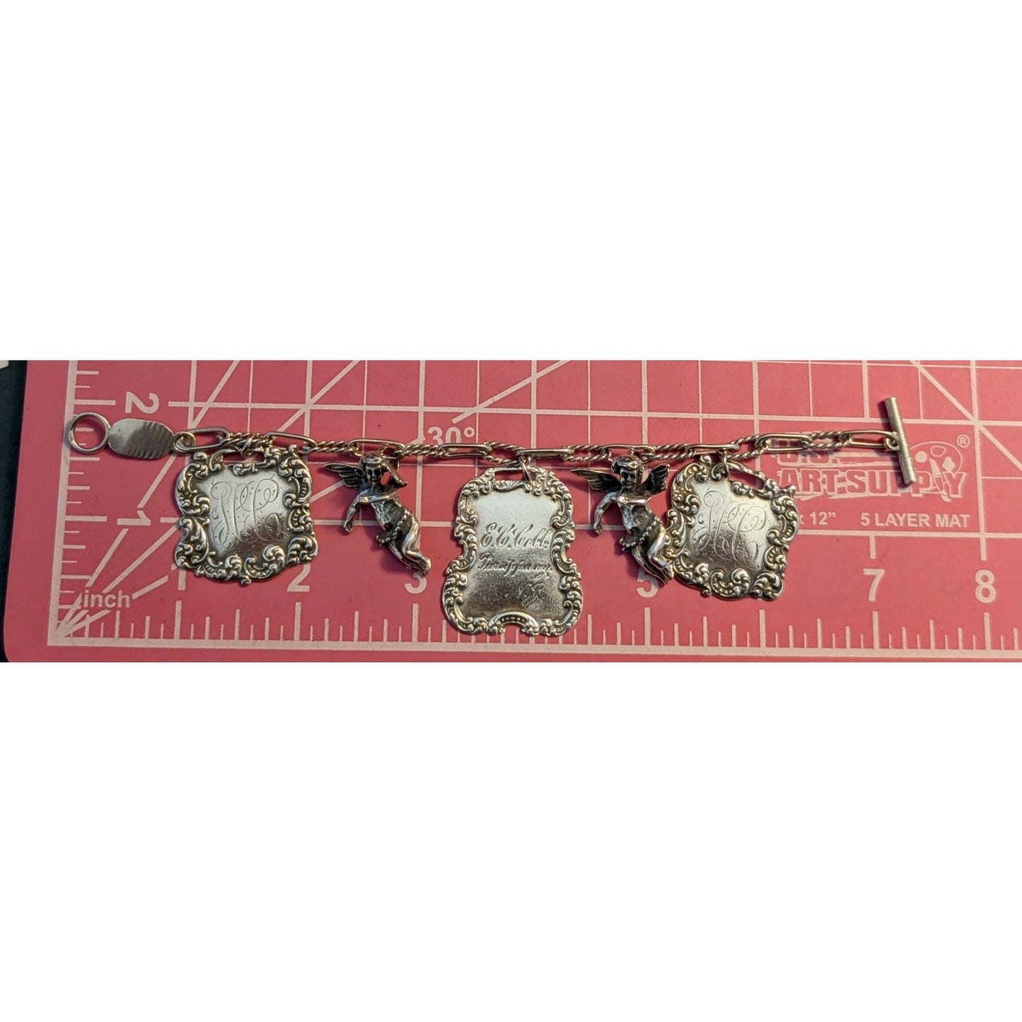 VTG T Foree Hunsicker Sterling Silver Engraved Luggage Tag Cherub Charm Bracelet