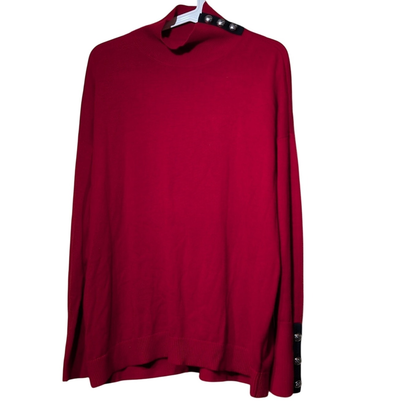 Lauren Ralph Lauren Red Black Accent Silver Tone Button Turtleneck Sweater Sz XL
