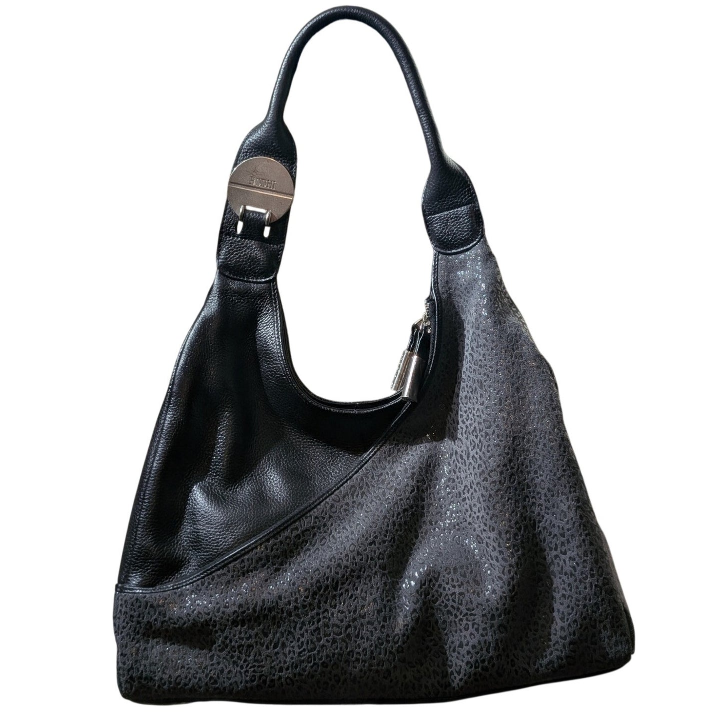 BODHI Black Leather Silver Subtle Metallic Leopard Hobo Bag