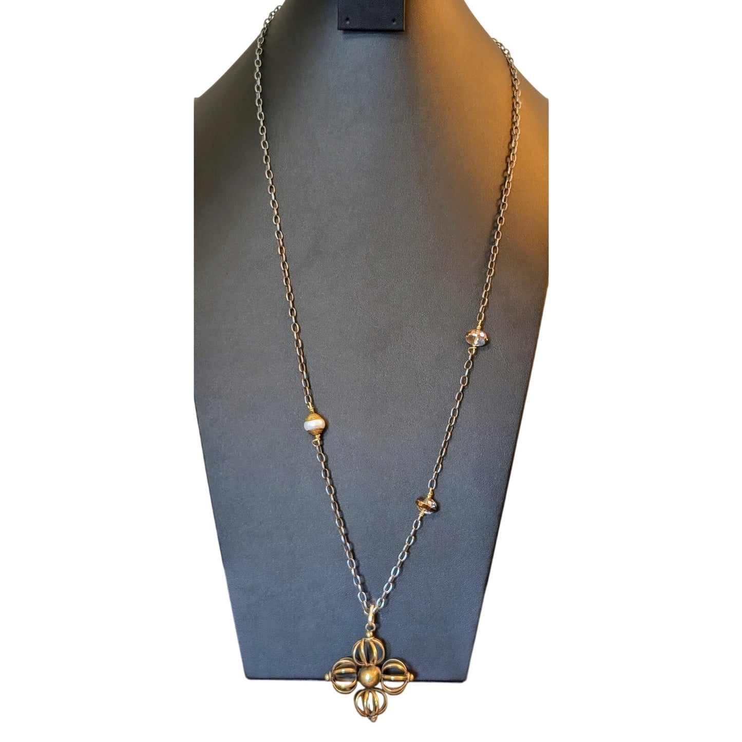 Vintage Bronze Cage Flower Pearl & Crystal Beads Rolo Link Long Boho Necklace