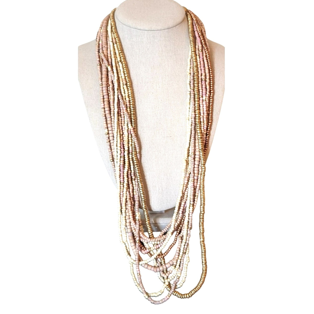 Vintage Twelve Strand Guilded Wood Bead Necklace W/ Hook Clasp
