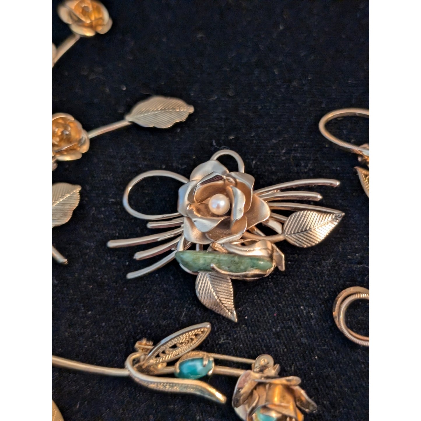 Lot of Six Vintage Gold Tone Rose Filigree Leaf Collage of Brooches