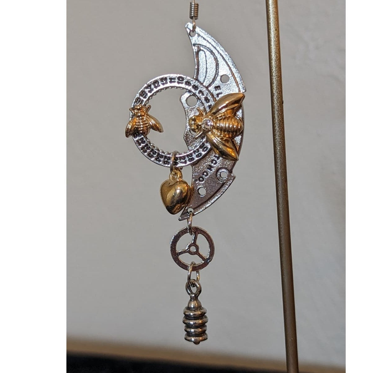 Steampunk Mechanical Clock Bee Gear Heart Two Toned Large Statement Earrings