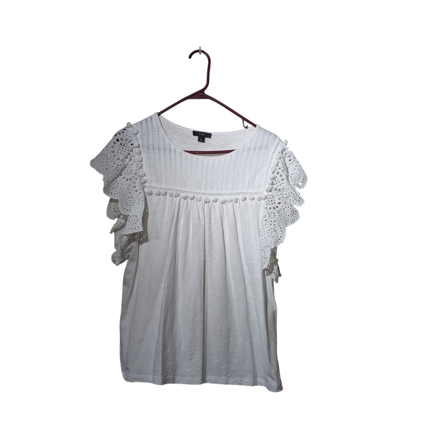J. Crew White Flutter Eyelet Lace Pom Pom Knit Top Womens Size L