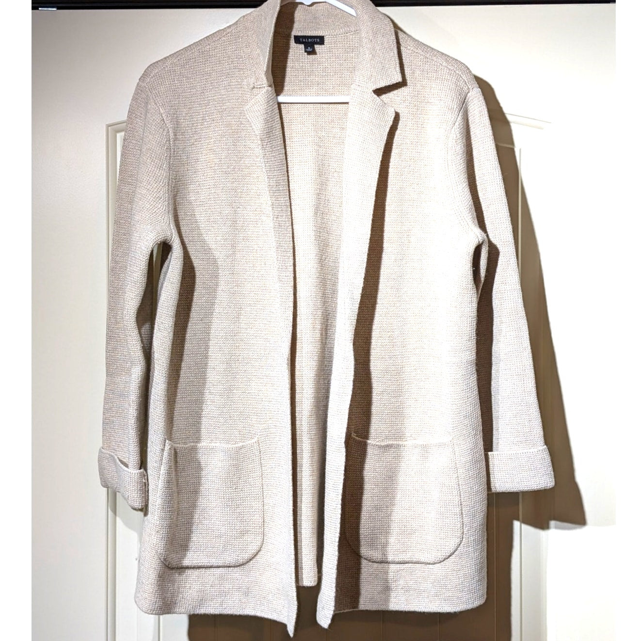Talbot's Oatmeal Wool Blend Pocket Open Front Sweater Blazer Womens Sz S