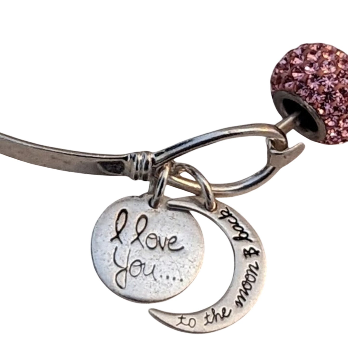 925 I Love You To the Moon and Back Charmed Bangle with Pink Crystal Charm