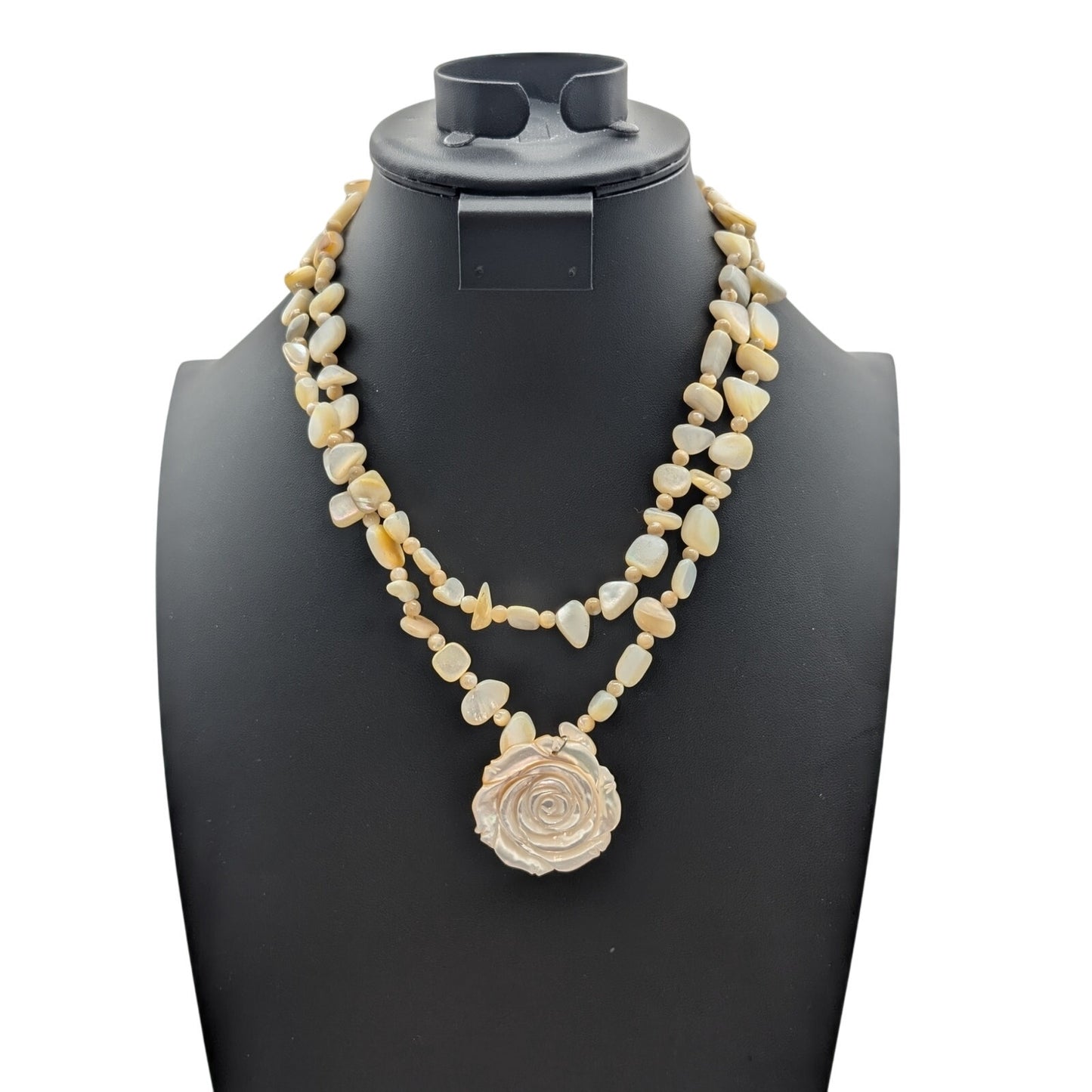 Vintage 925 Sterling Mother of Pearl Two Strand Bead Rose Pendant Necklace