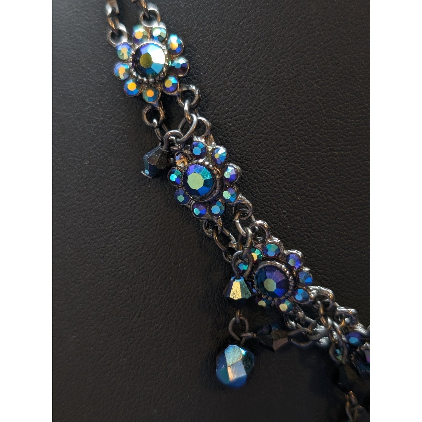 Dark Blue AB Crystal Gun Metal 11"-15.5" Necklace and Lever Back Earring Set