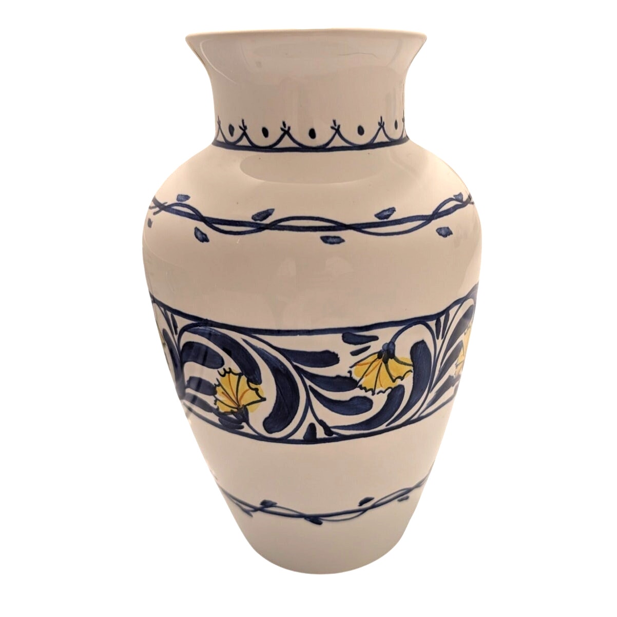 Vintage Signed Dipinto A Mano Italian Pottery Blue White Yellow Vase