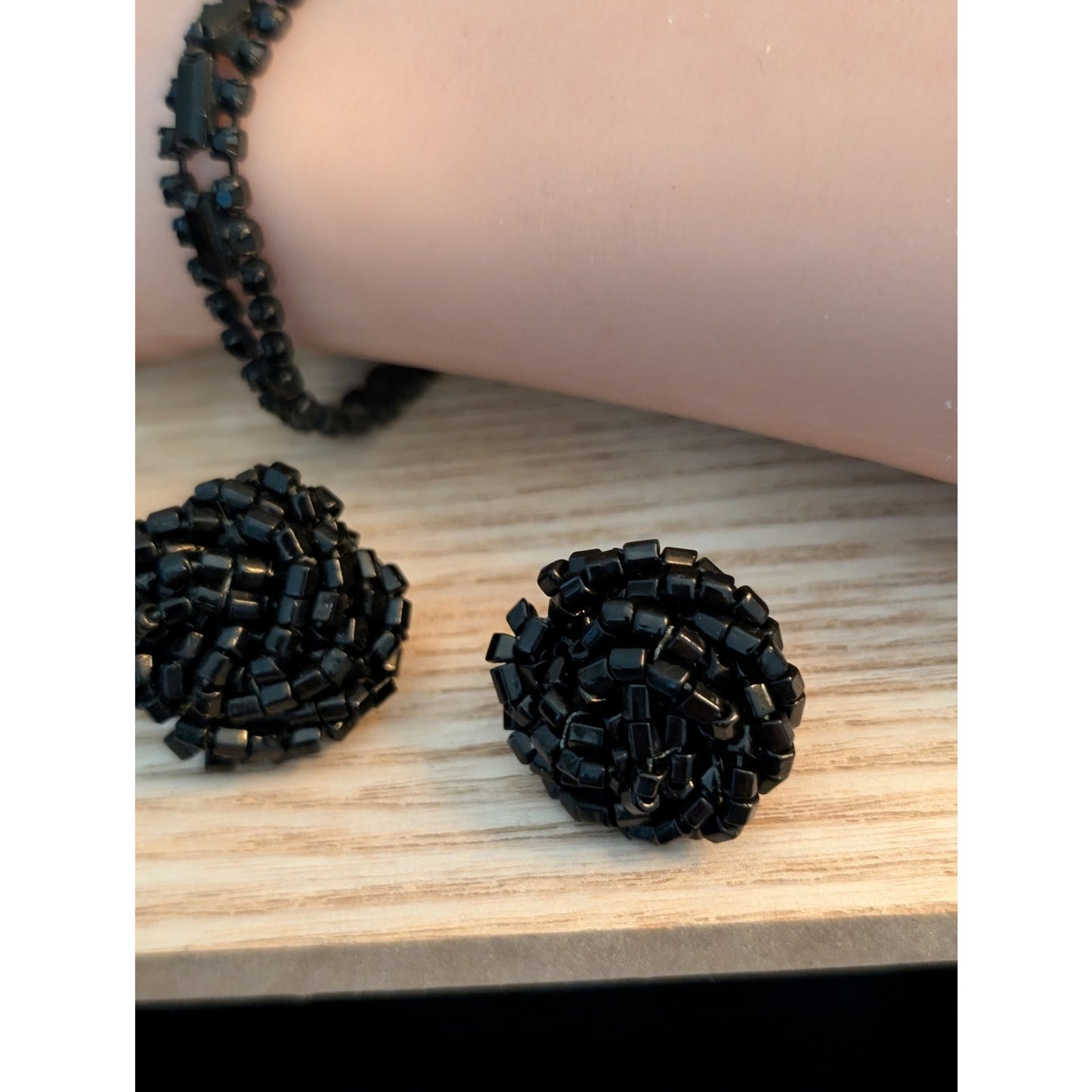 Vtg Three Pc Black Crystal Glass Beaded Leaf Brooch Button Earrings & Bracelet