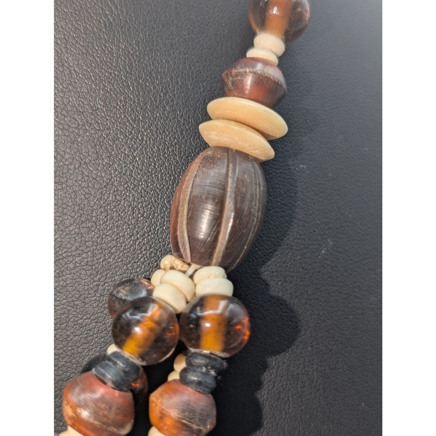 Vintage Amber Cream & Brown Bone Glass Wood Bead Tribal Hook Clasp Necklace
