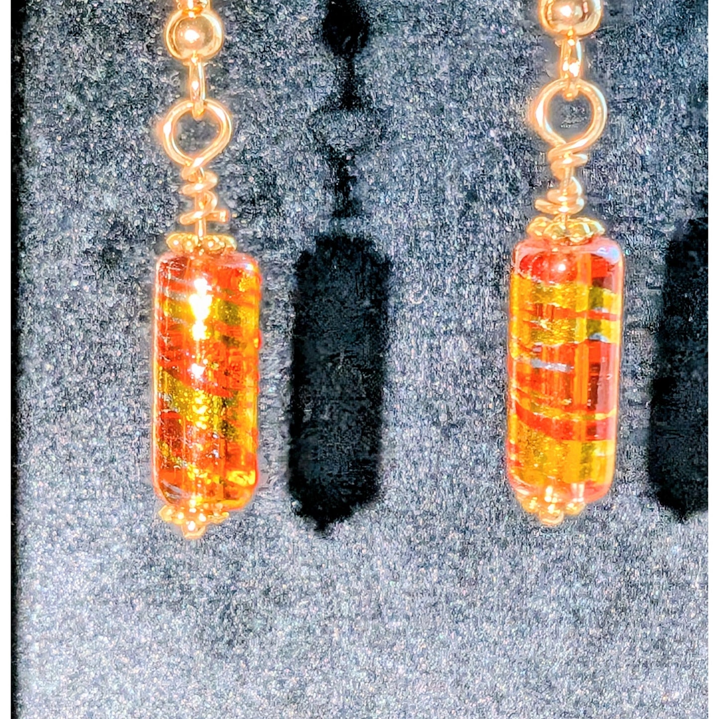 Orange Amber Gold Art Glass Dangle Earrings