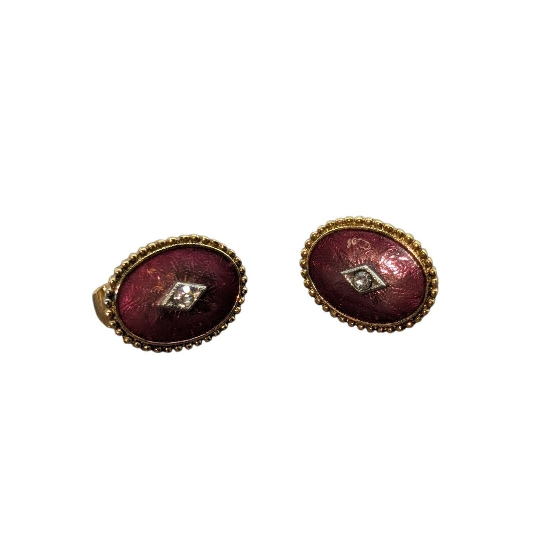 Vintage Unsigned Pink Enamel Oval Beaded Center Rhinestone Clip On Earrings