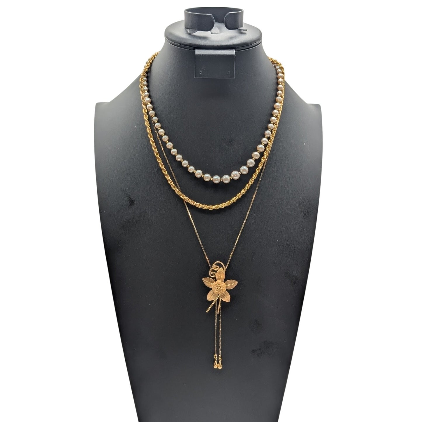 Lot of Three Gold Tone Vintage Necklaces-Mesh Flower Lariat Chain Faux Pearl