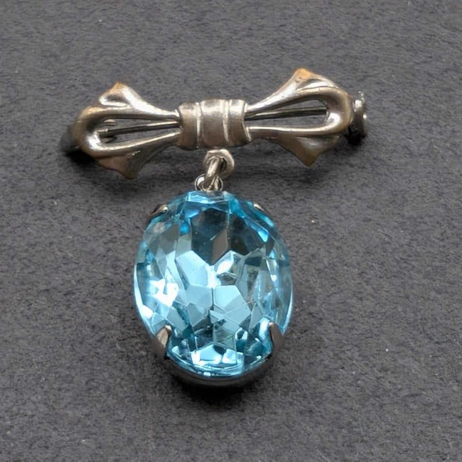 Vintage Blue Rhinestone Dangle Ribbon Silver Tone Brooch