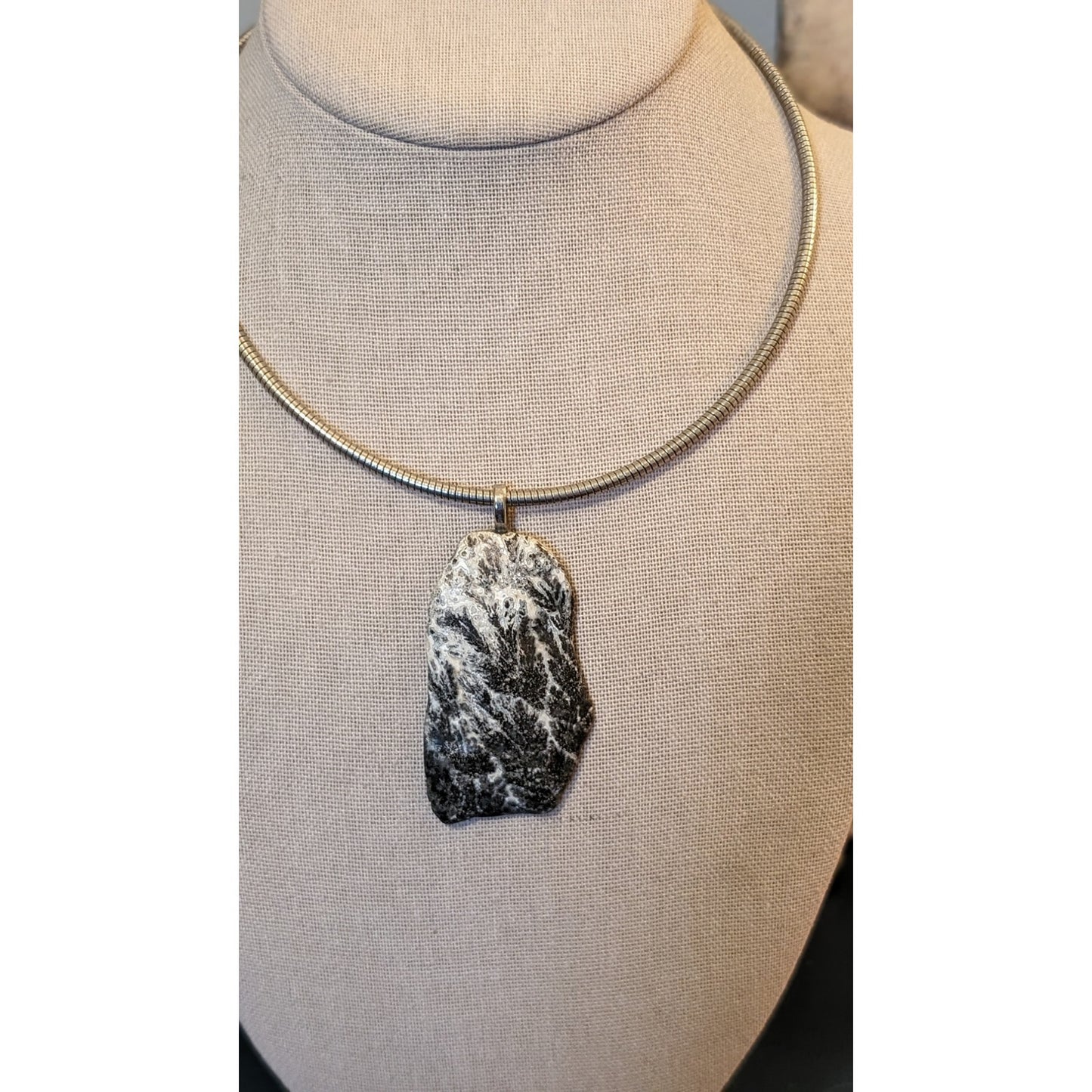 Vintage Silver Tone 16" Collar W/ Four Glass & Stone Pendants & Unique Closure